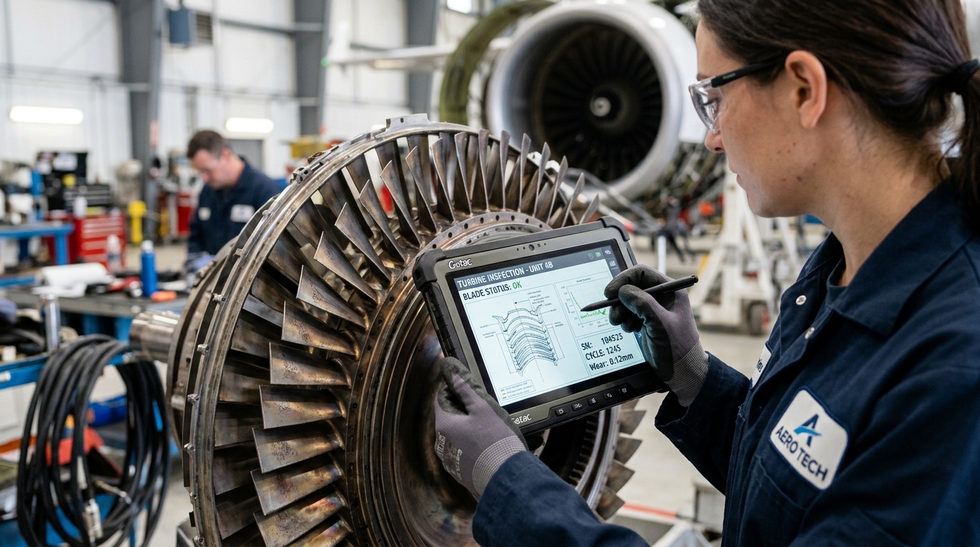 Close up of a technician inspecting a jet engine representing aviation asset utilization KPIs and maintenance efficiency.