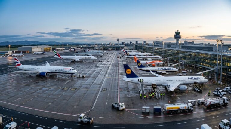 Wide panoramic view of aircraft fleet on a tarmac at dawn showing aviation asset utilization KPIs in a busy airport setting.