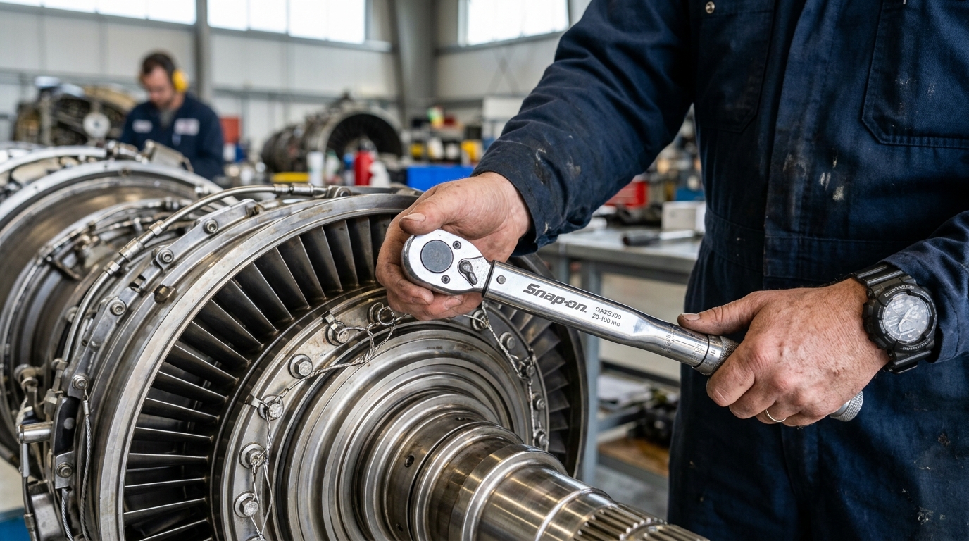 Close up of a technician working on a jet engine to demonstrate aviation maintenance labor savings through efficiency.