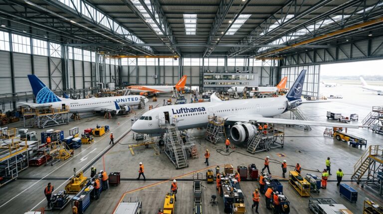 Wide view of a busy airplane hangar where teams implement aviation maintenance labor savings during fleet inspections.