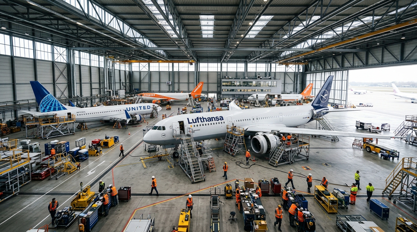 Wide view of a busy airplane hangar where teams implement aviation maintenance labor savings during fleet inspections.