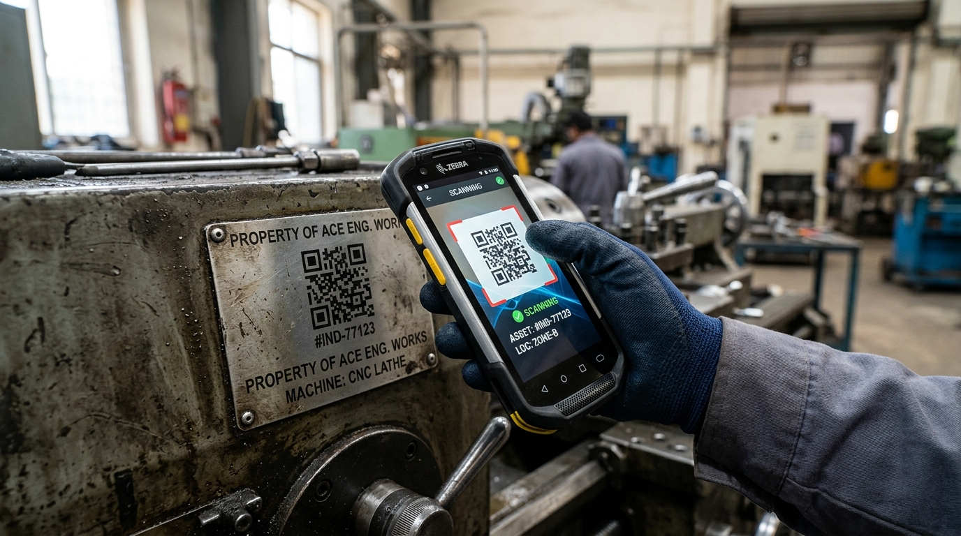 Close up of a worker scanning a barcode following best practices for asset tracking on professional industrial equipment.
