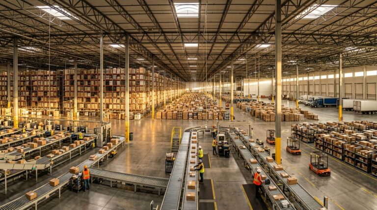 Wide view of a modern warehouse showing best practices for asset tracking through organized industrial logistics systems.