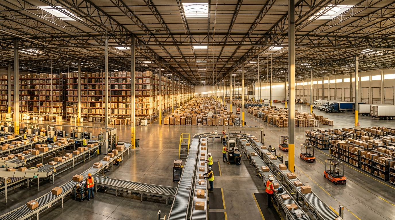 Wide view of a modern warehouse showing best practices for asset tracking through organized industrial logistics systems.