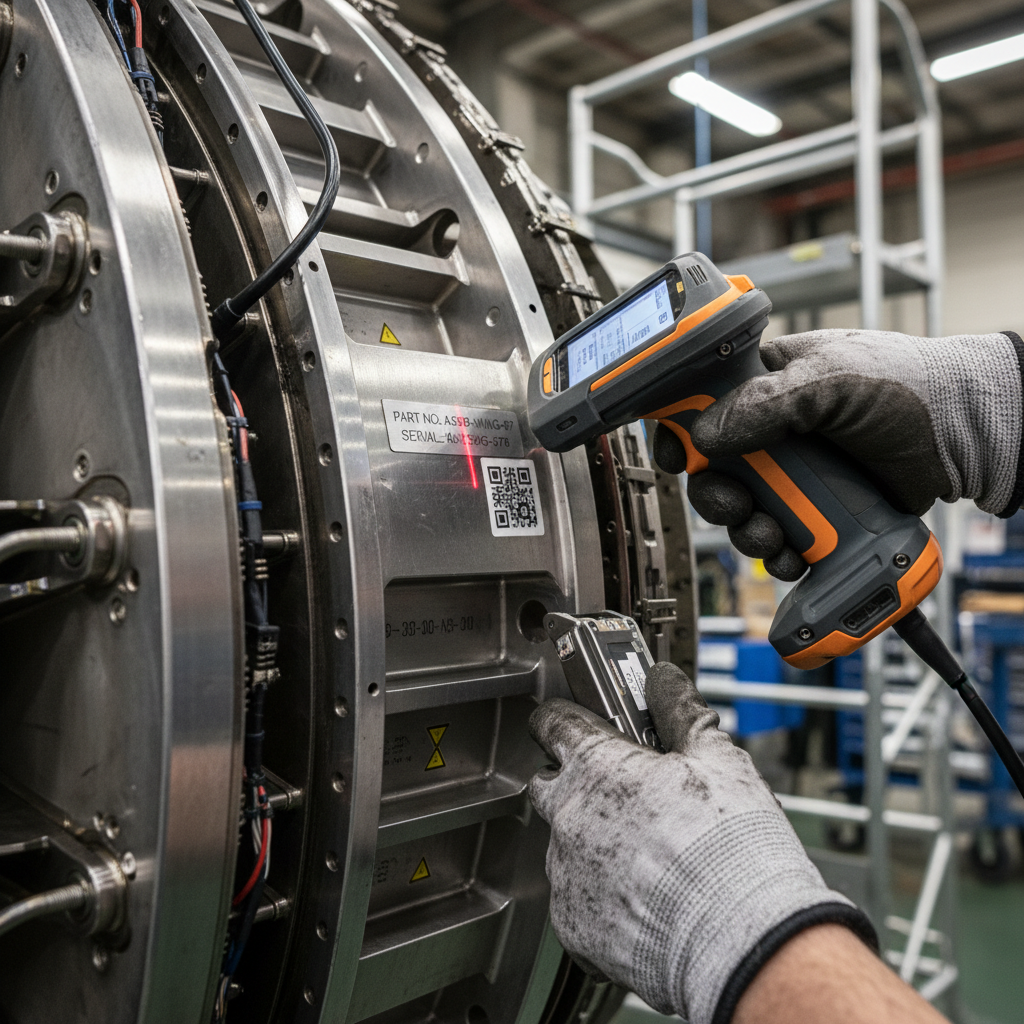 Close up of a technician scanning engine parts to solve challenges of tracking assets in aerospace operations during repair.