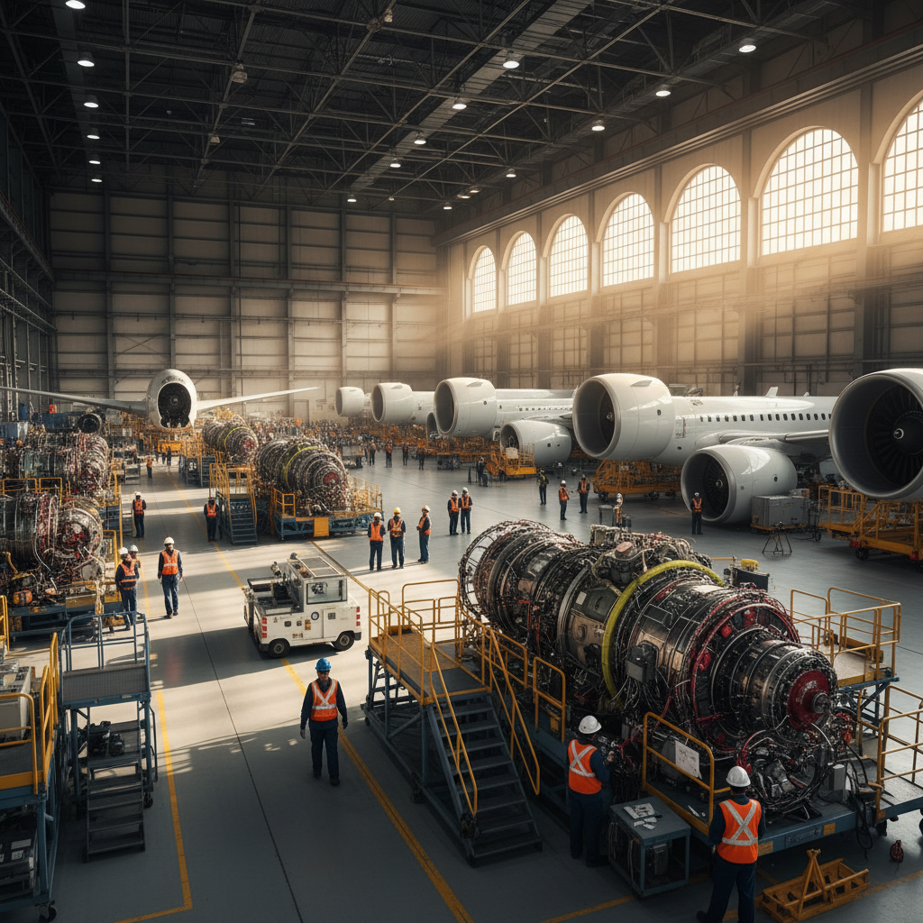 Wide view of a busy aircraft hangar showing the scale and challenges of tracking assets in aerospace operations accurately.