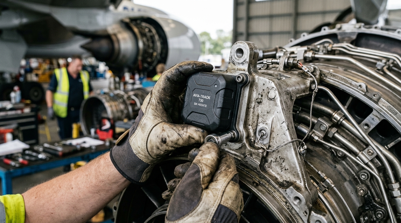 Close up of a technician installing emerging technologies in aviation asset tracking sensors on a high resolution jet engine.