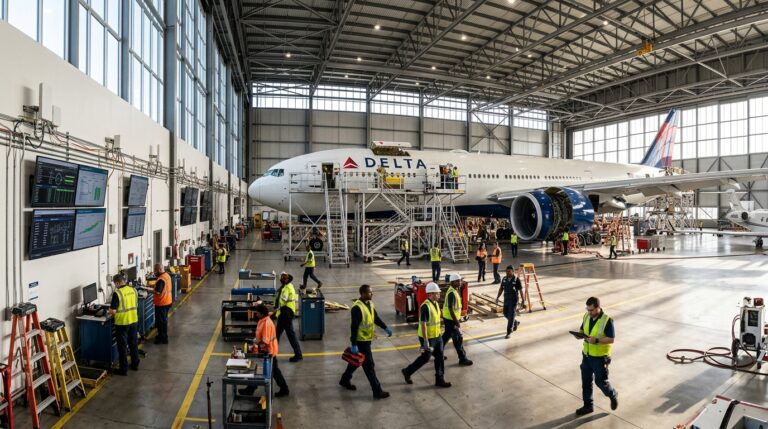 Wide view of a hangar showing emerging technologies in aviation asset tracking and large aircraft under natural light.