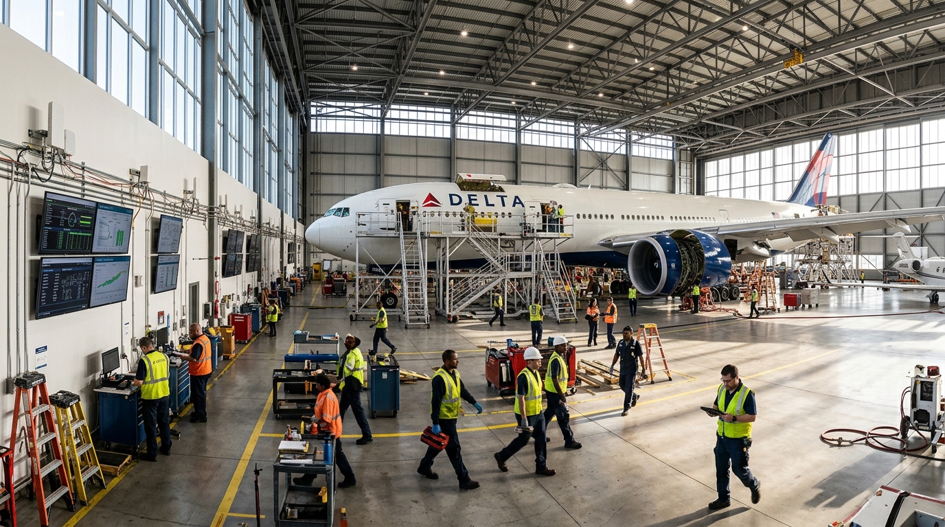 Wide view of a hangar showing emerging technologies in aviation asset tracking and large aircraft under natural light.