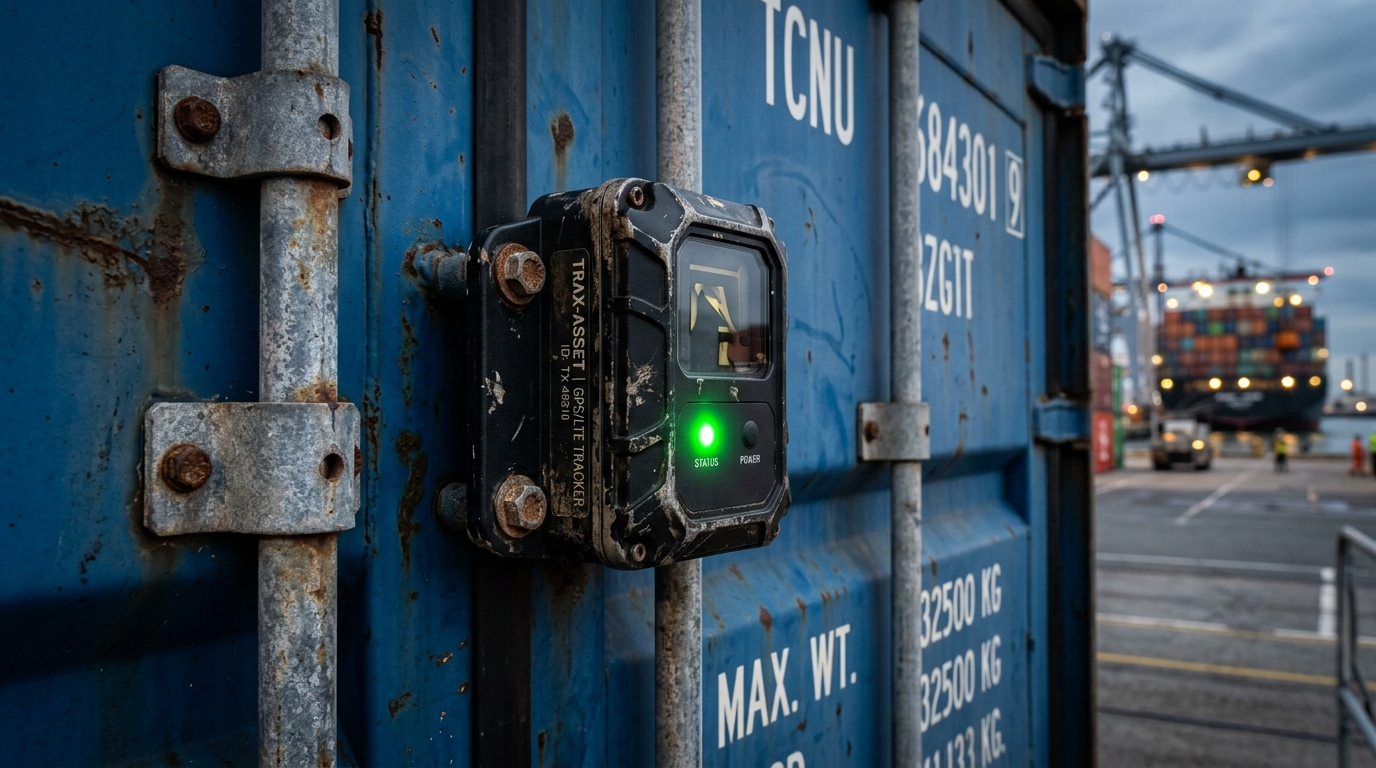 Close up of a smart tracking sensor on a steel door for real time freight container visibility and cargo monitoring.