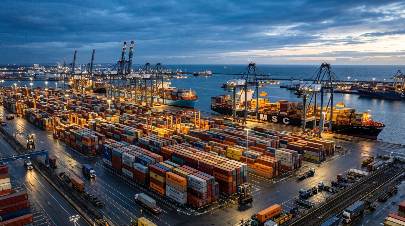 Wide view of a busy port terminal at night showing large scale freight container visibility and global shipping logistics.