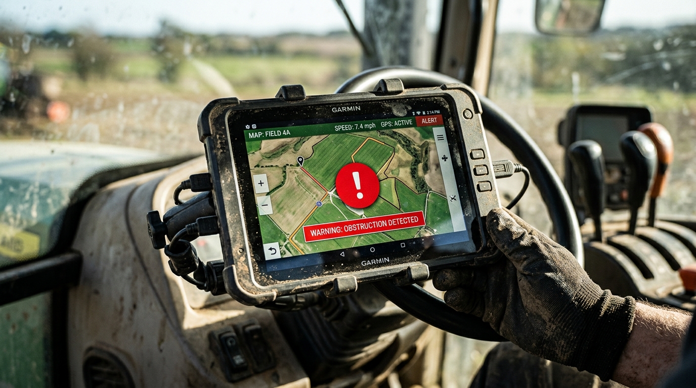Close up of a tablet displaying geofence alerts for equipment inside a vehicle cabin with a blurred background.