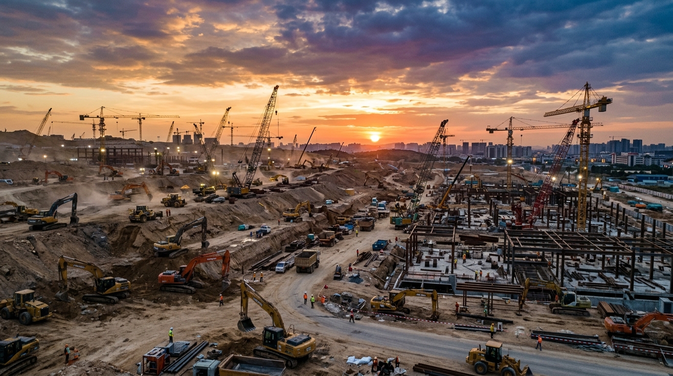Wide view of a construction site with machinery to demonstrate geofence alerts for equipment security and monitoring.