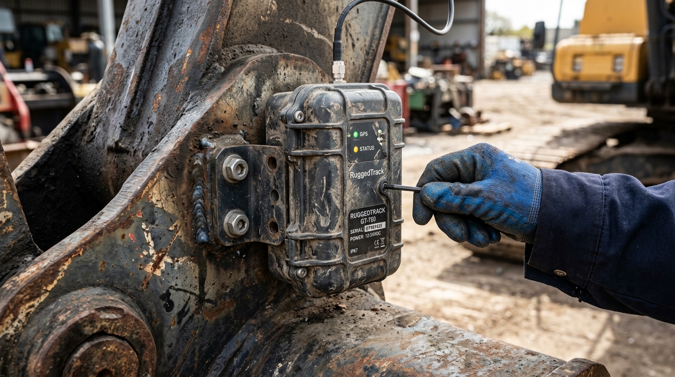 Close up of a tracking device on equipment used for geofence asset monitoring in a professional industrial setting.