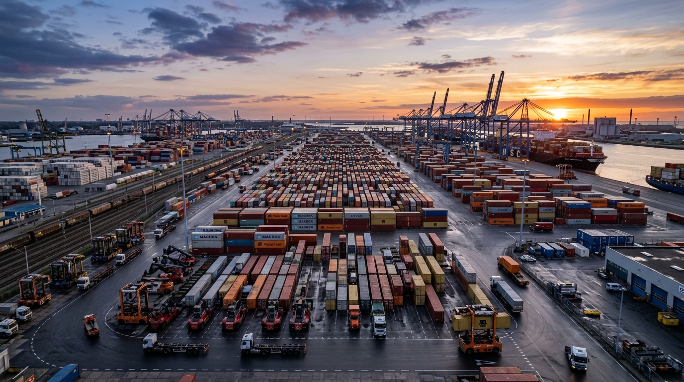 Wide panoramic view of an industrial shipping yard at sunset for geofence asset monitoring and logistics control.