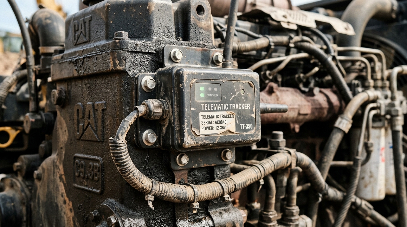 Close up of a digital sensor on machinery illustrating geofencing for equipment tracking in a real world environment.