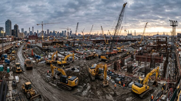 Wide view of a construction site at dawn showing geofencing for equipment tracking across the entire industrial perimeter.