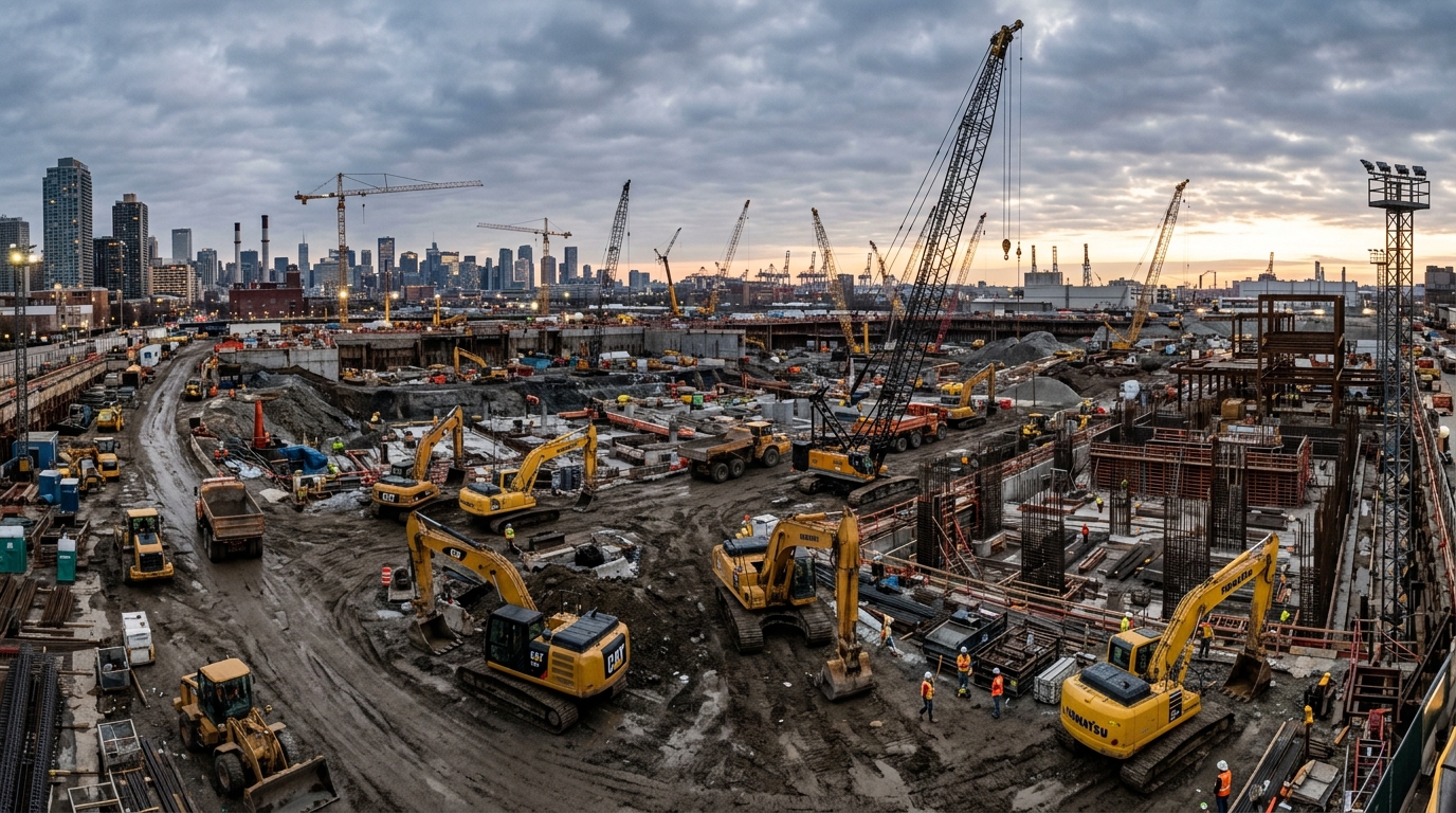 Wide view of a construction site at dawn showing geofencing for equipment tracking across the entire industrial perimeter.