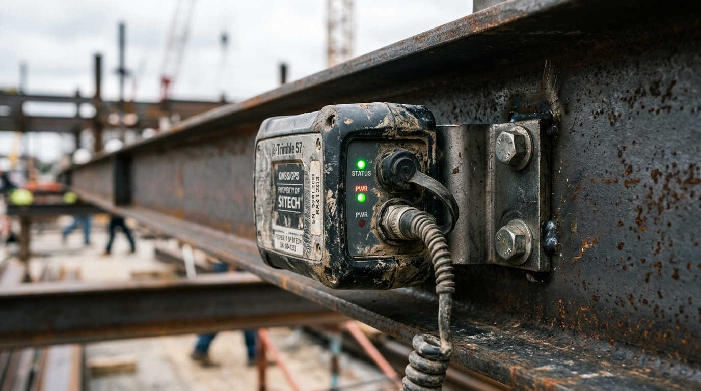 Close up of a rugged tracking device installed on machinery showing GPS geofencing for assets in a construction site.