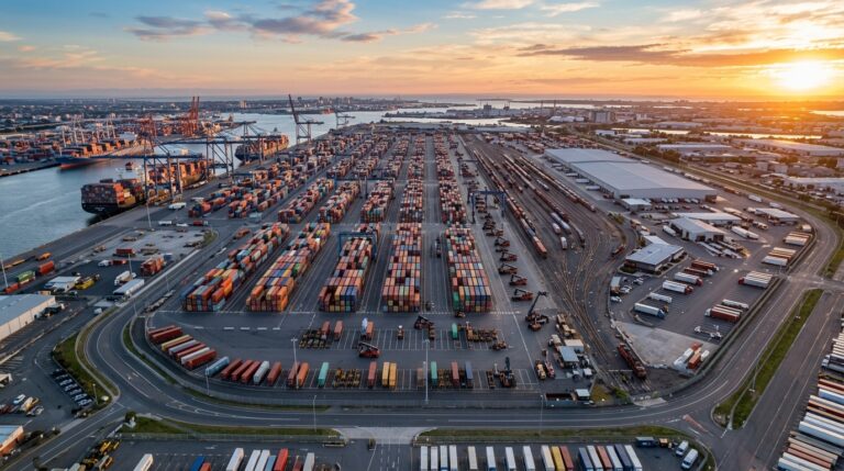 A wide aerial view of an industrial port displaying GPS geofencing for assets across a large container terminal.