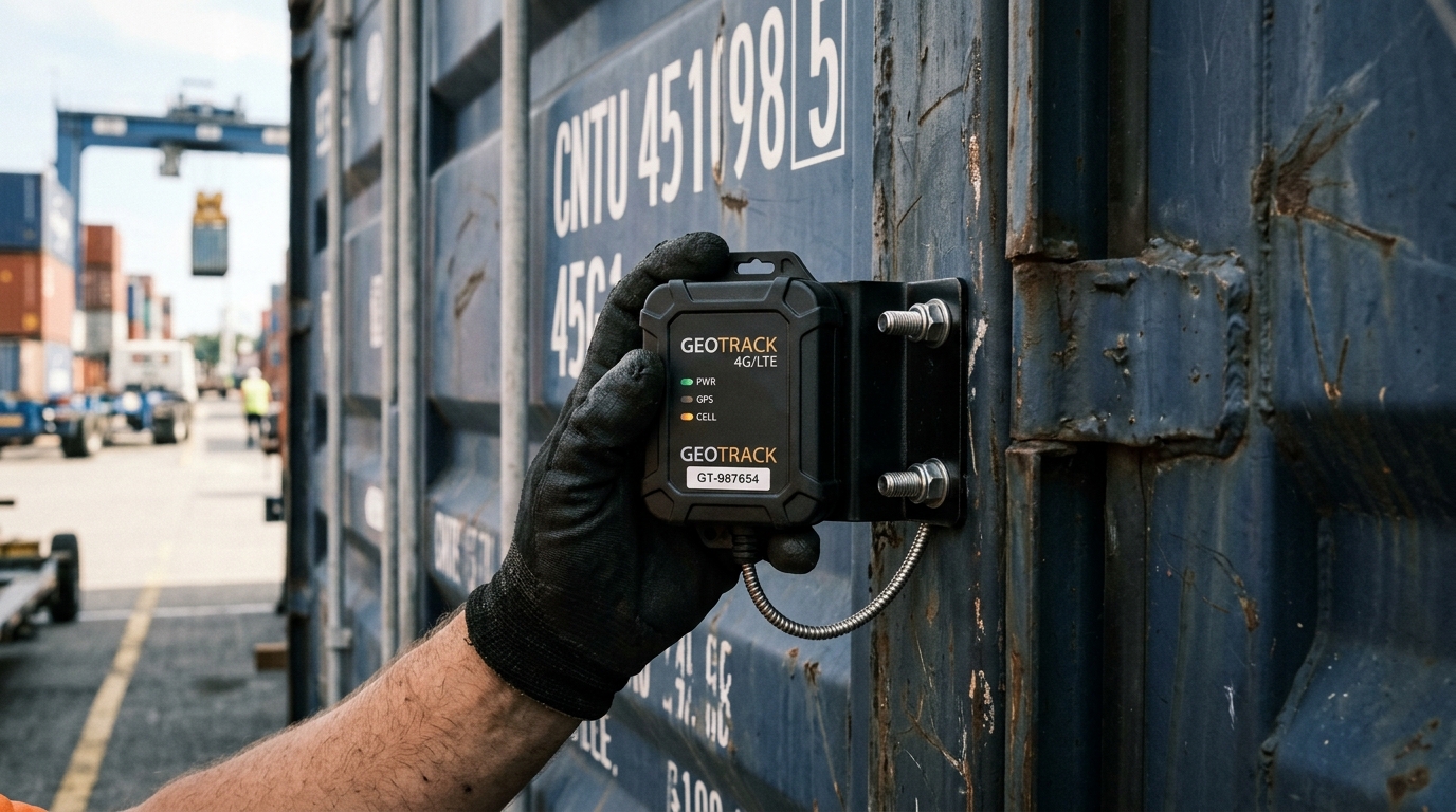Close up of a GPS device on a container showing how asset tracking geofencing works through localized hardware monitoring.