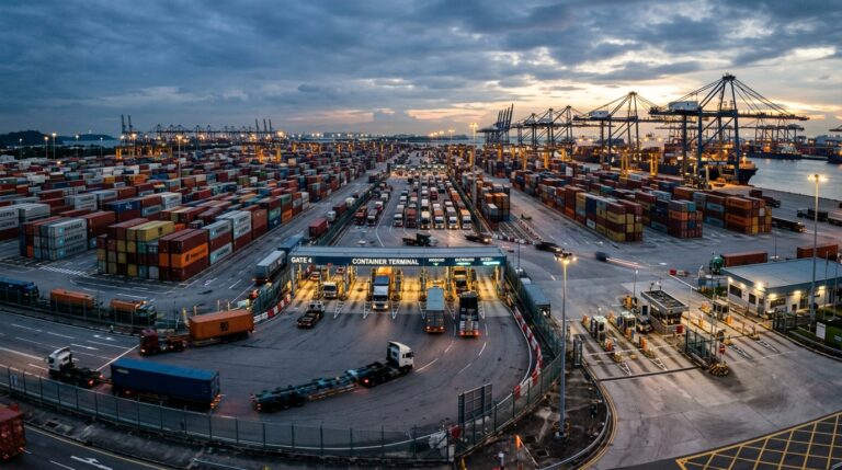 Wide view of a busy port terminal showing how asset tracking geofencing works to monitor vehicle entry and exit boundaries.