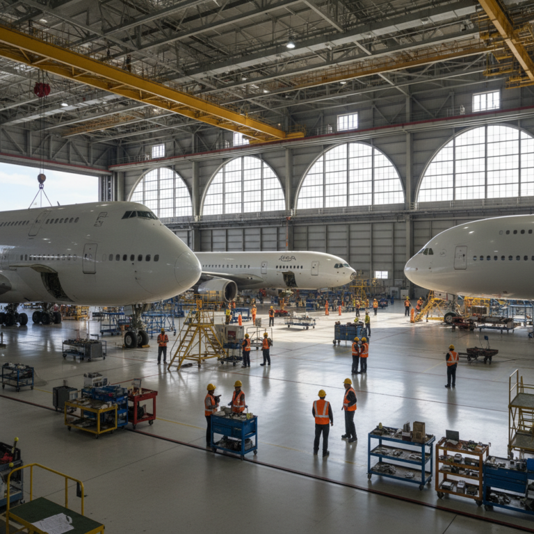 Wide view of a hangar showing how aviation companies reduce asset losses through organized aircraft maintenance.