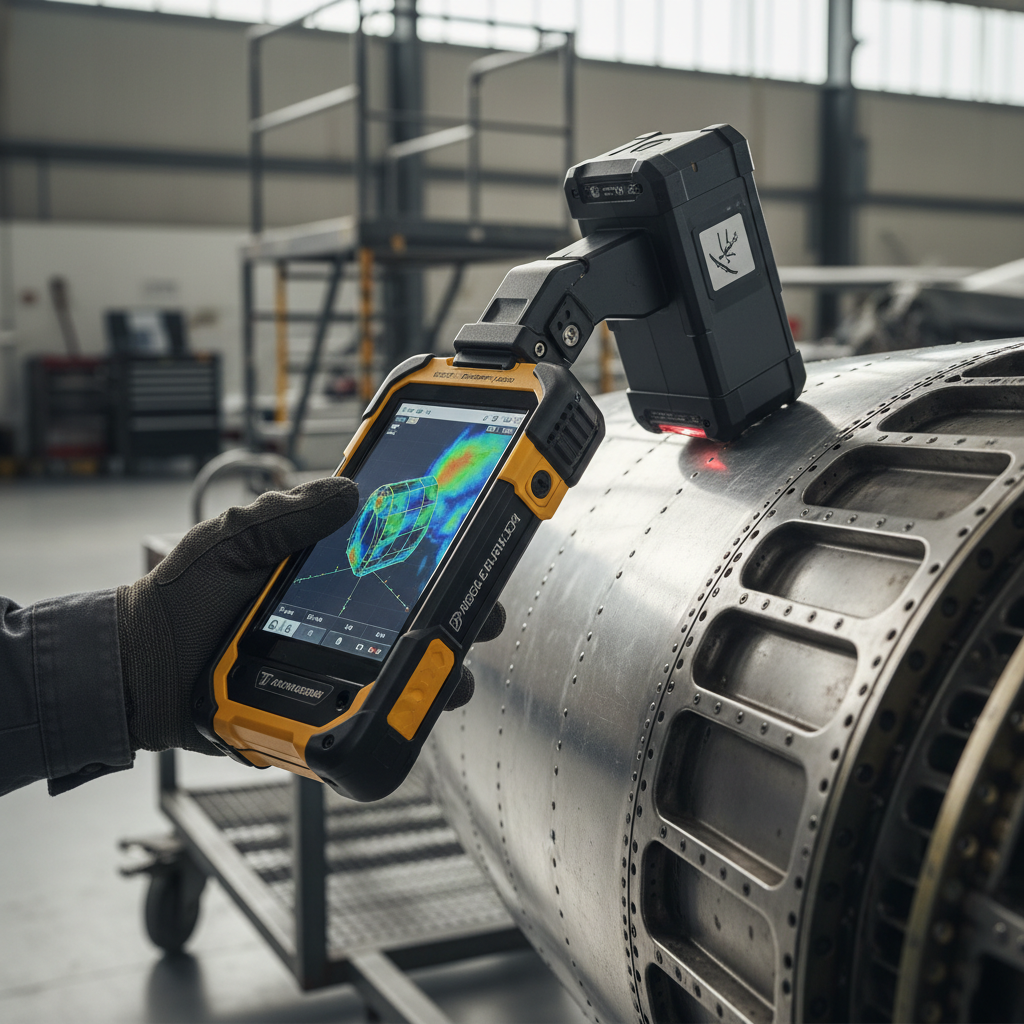 Close up of a technician scanning parts to show how aviation companies track critical equipment with handheld digital devices.