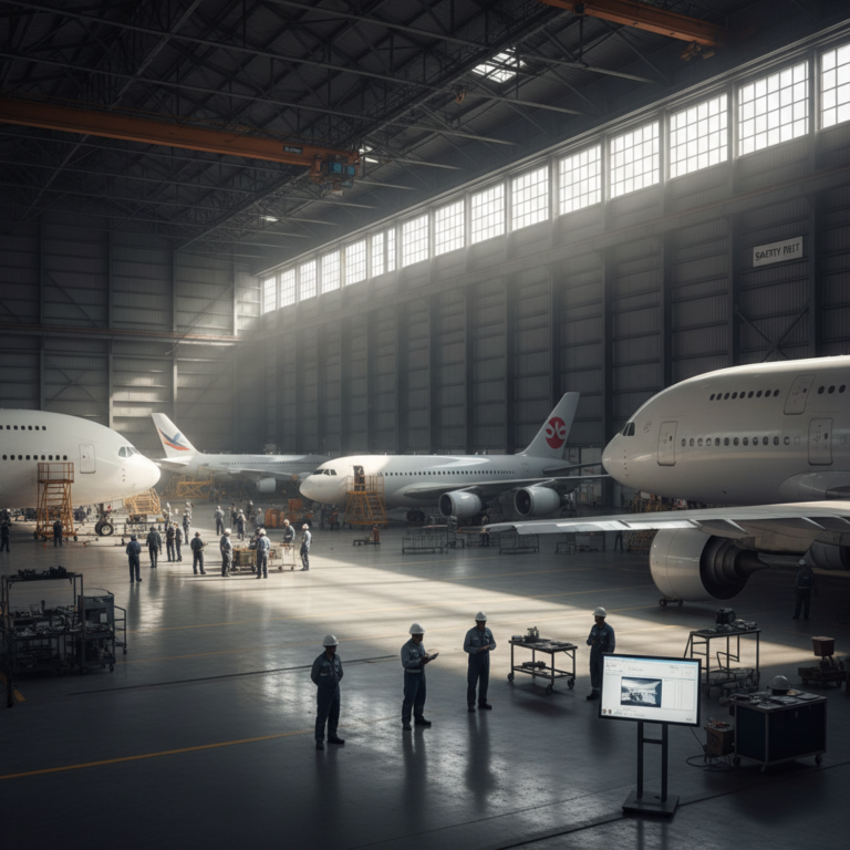 Wide hangar view showing how aviation companies track critical equipment using digital systems and organized maintenance zones.