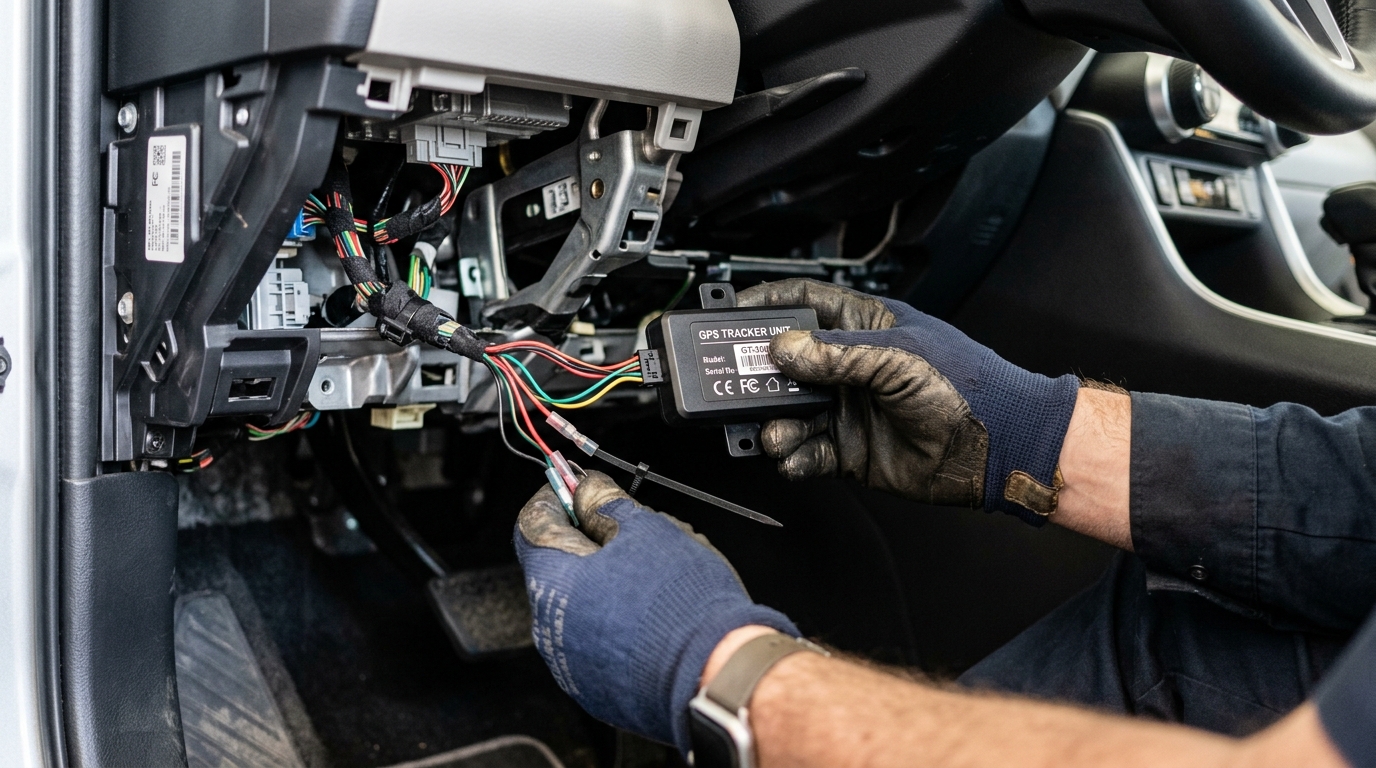 Close up of a hand installing gear to show how does a tracking device work via internal components and electronic sensors.