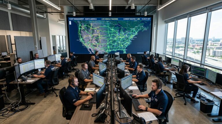 Fleet management center map showing how does a tracking device work to monitor logistics across a wide industrial landscape.