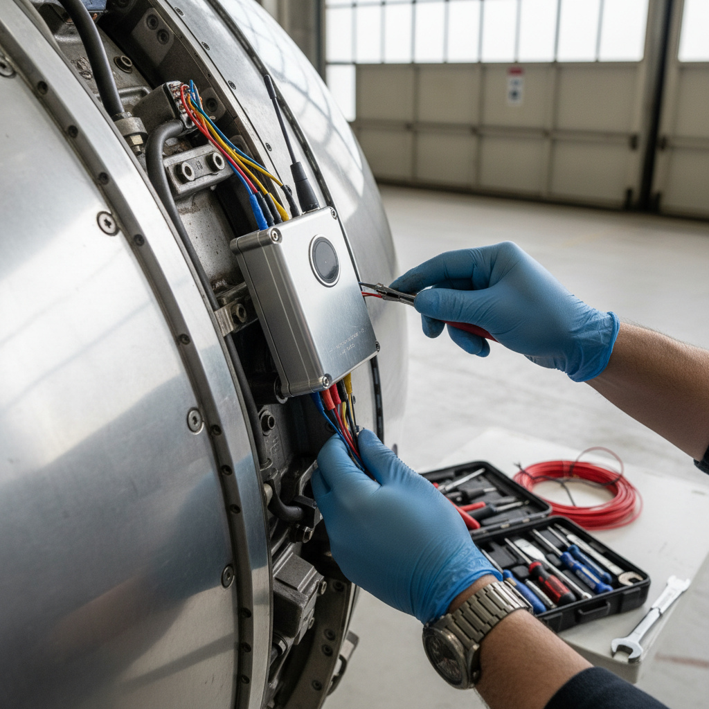Technician installing a sensor to show how gps tracking improves aircraft maintenance via real time component diagnostics.