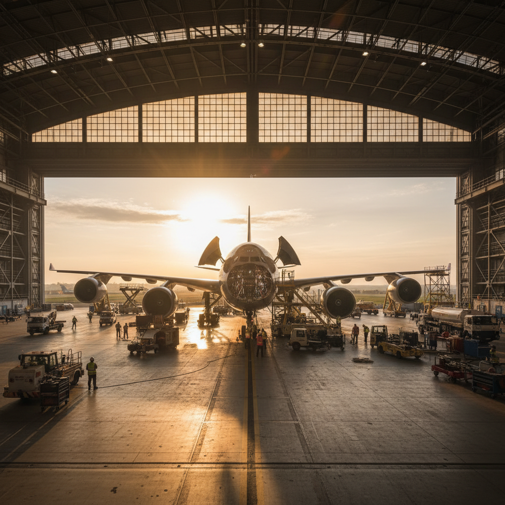Wide view of a plane in a hangar showing how gps tracking improves aircraft maintenance through fleet scale monitoring.