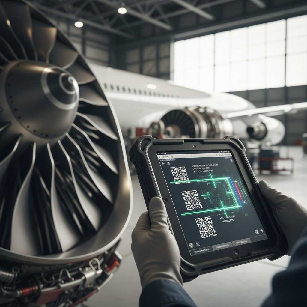 Close up of a tablet screen showing how real-time tracking supports aircraft production during a technical engine inspection.