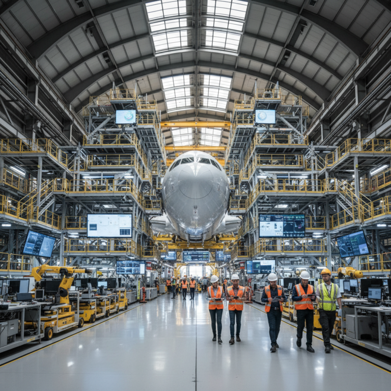 Wide view of a plane factory showing how real-time tracking supports aircraft production through digital monitoring systems.