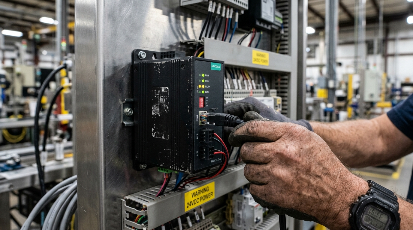 Close up of a technician installing a sensor showing how to choose industrial IoT devices based on technical hardware specs.