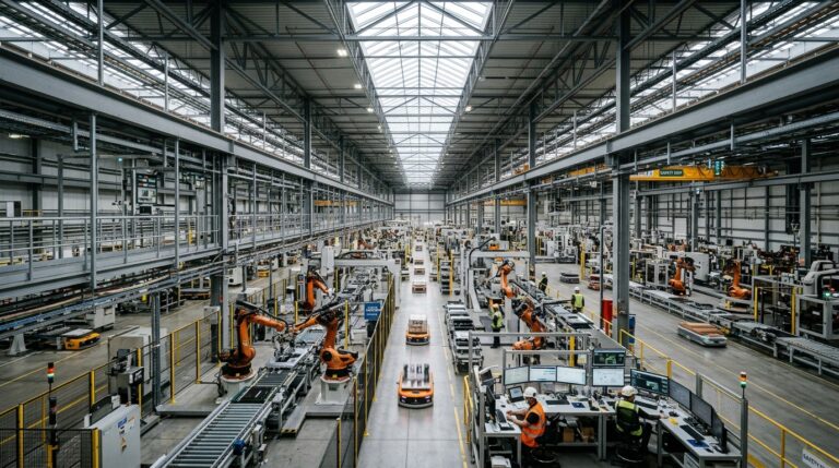 Wide view of a smart factory showing how to choose industrial IoT devices for large scale automated production lines.