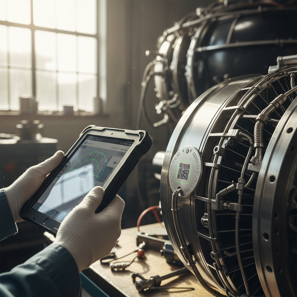 Close up of a technician using a tablet to learn how to digitize asset visibility in mro facilities on a jet engine part.