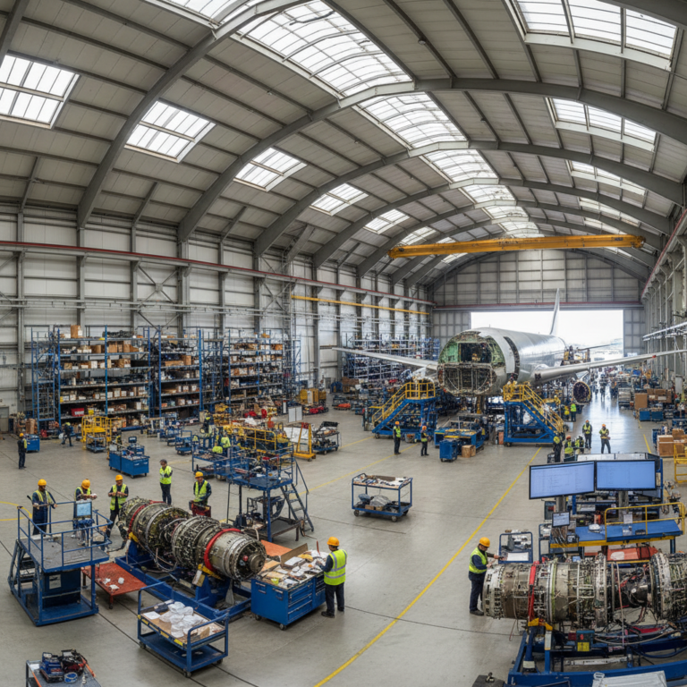 Wide view of an aircraft hangar showing how to digitize asset visibility in mro facilities through modern infrastructure.