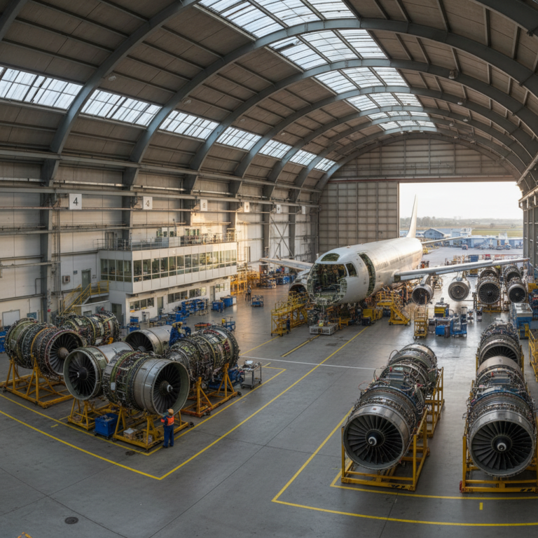 Wide view of an organized hangar showing how to improve asset traceability in aviation through structured facility management.