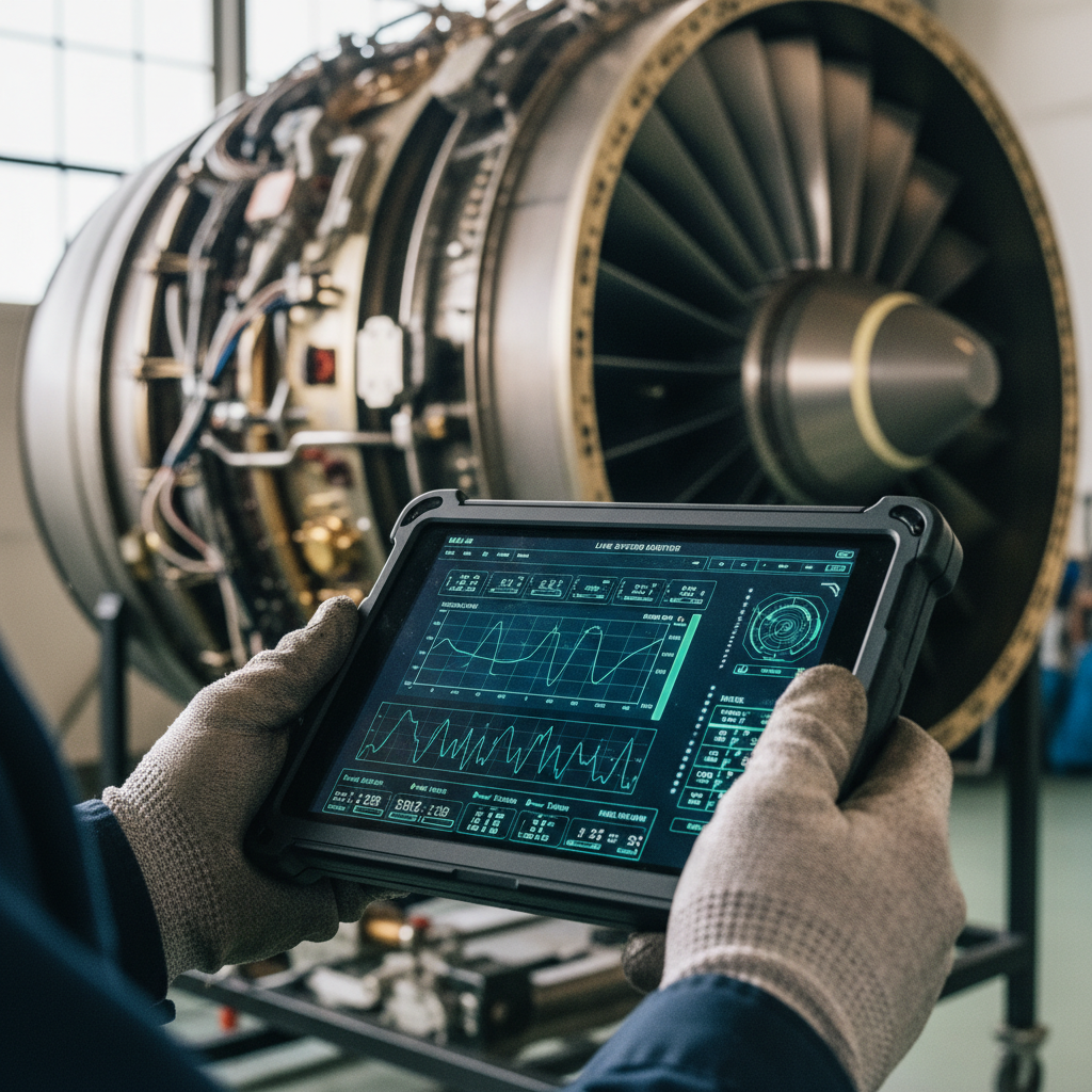 Close up of a tablet showing how tracking technology improves aircraft uptime by monitoring engine health during inspection.