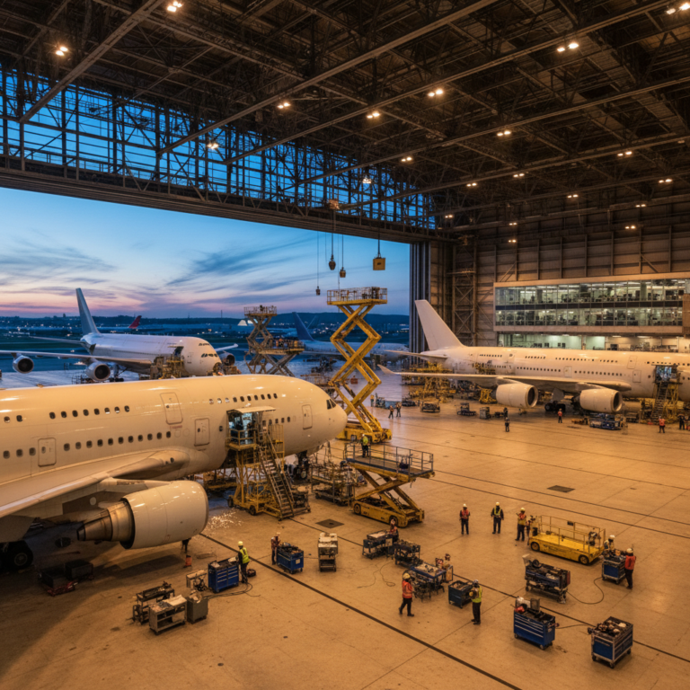 Wide view of a hangar showing how tracking technology improves aircraft uptime through organized maintenance on multiple jets.
