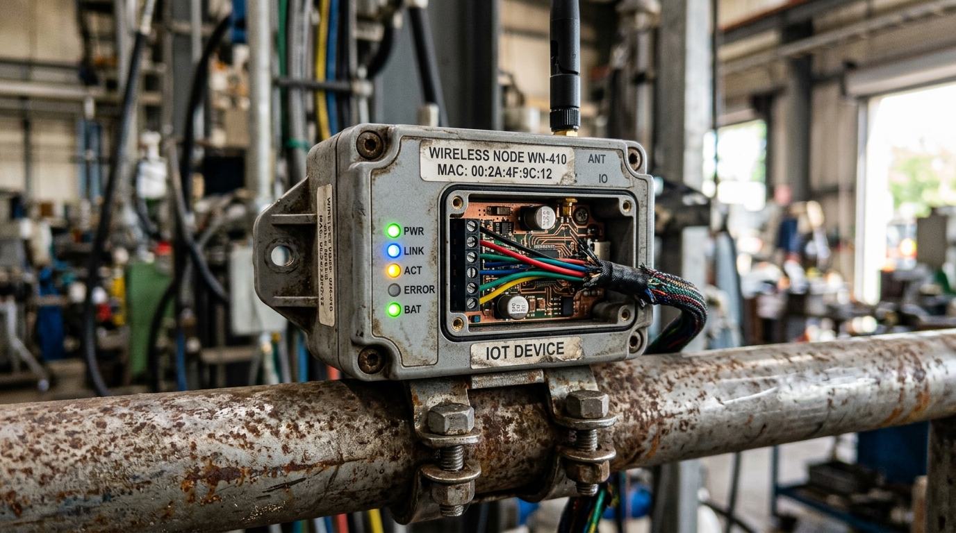 Close-up of a sensor installed on factory equipment showing industrial IoT device connectivity in a professional setting.