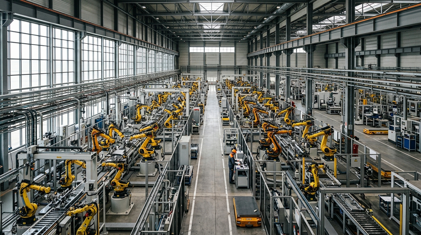 Panoramic view of a smart factory floor demonstrating industrial IoT device connectivity through automated machinery.