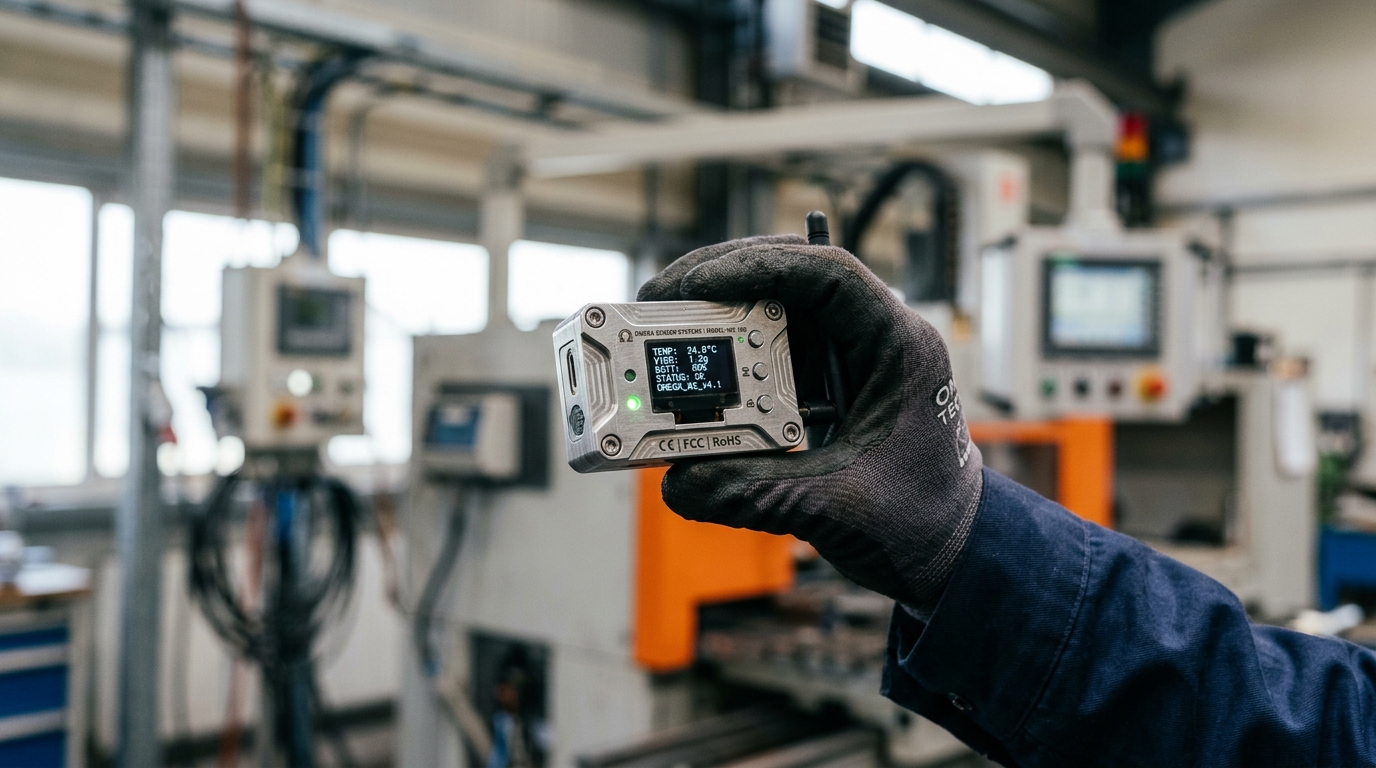 Close up of a technician holding a smart sensor from the industrial IoT device range inside a modern facility.