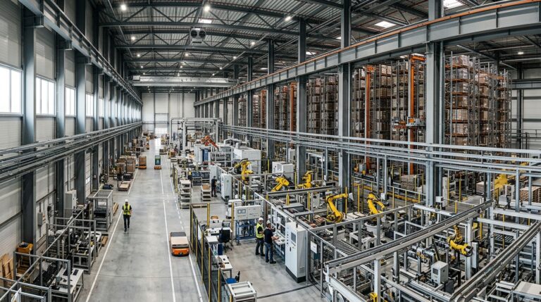 Wide view of an automated factory showing a vast industrial IoT device range installed across production lines.