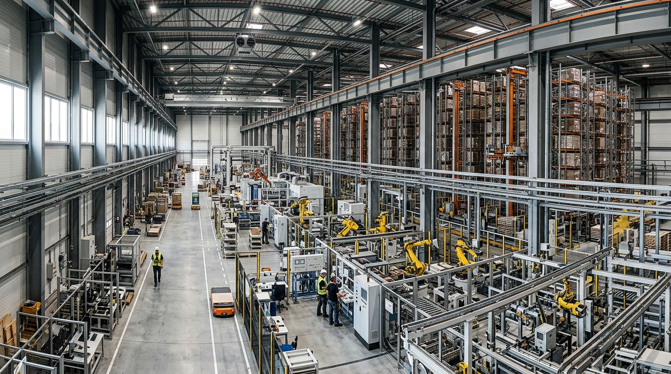 Wide view of an automated factory showing a vast industrial IoT device range installed across production lines.