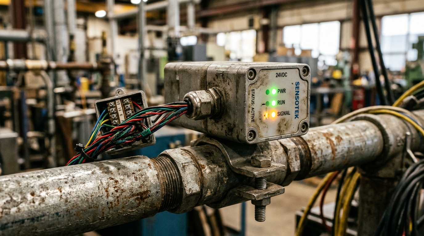 Close up of a rugged sensor module illustrating specific industrial IoT device requirements for hardware durability.