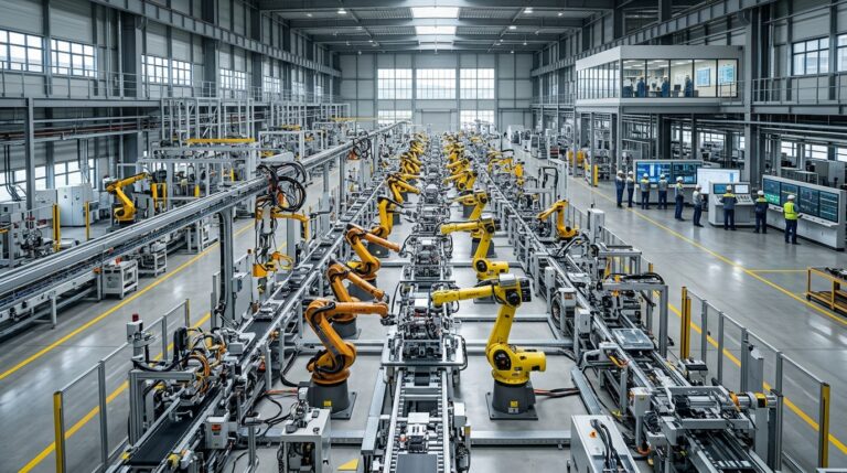 Wide view of a smart factory showing connected machines that meet industrial IoT device requirements in a modern plant.