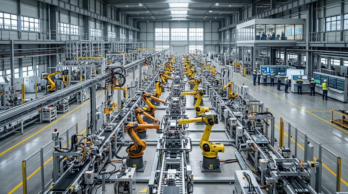 Wide view of a smart factory showing connected machines that meet industrial IoT device requirements in a modern plant.